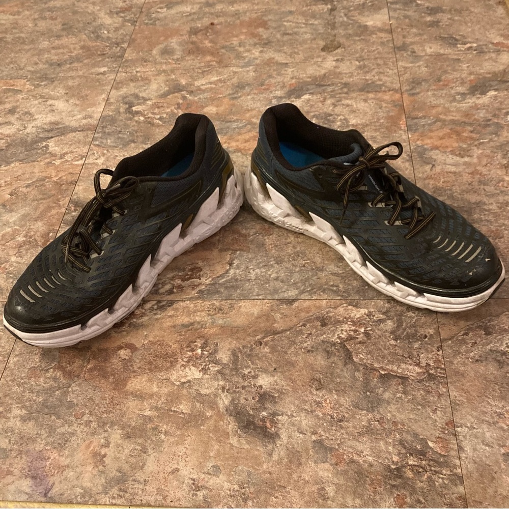 Hoka One One Vanquish 3 Blue and Gold Sneakers